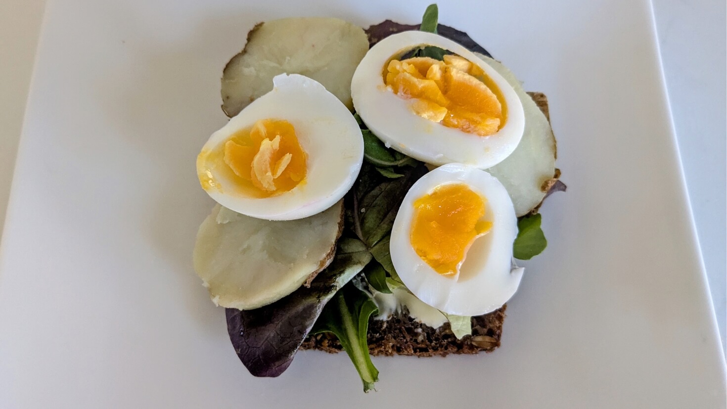 Danish smørrebrød with sliced boiled potatoes, hard-boiled egg, greens, and mustard on dark rye bread (rugbrød)