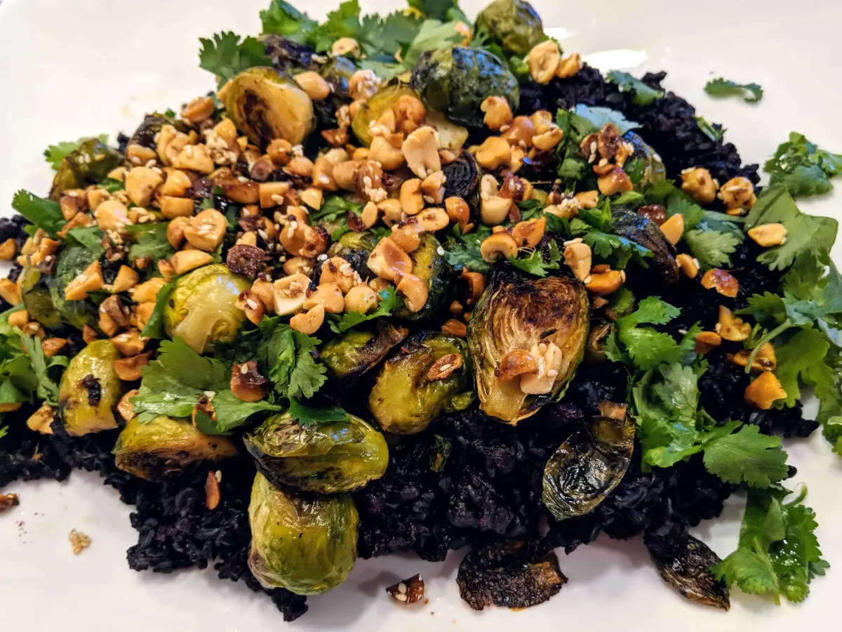 Black Miso Sticky Rice with Sprouts and Peanuts